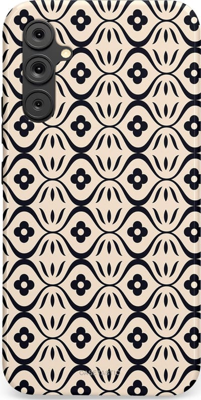 Casetastic hoesje geschikt voor Samsung Galaxy A34 (2023) 5G - Dubbellaagse bescherming - Retro crème-zwarte bloemenprint - Fashion Case - Crème Grijs Donkergrijs