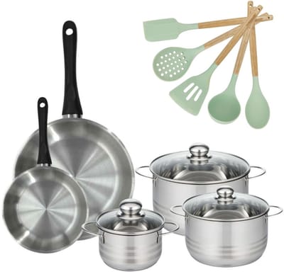 Set van 2 Pannen 20/28cm en 3 Kookpotten 16/20/24cm Fackelmann Genève met 5 Ocean keukengerei