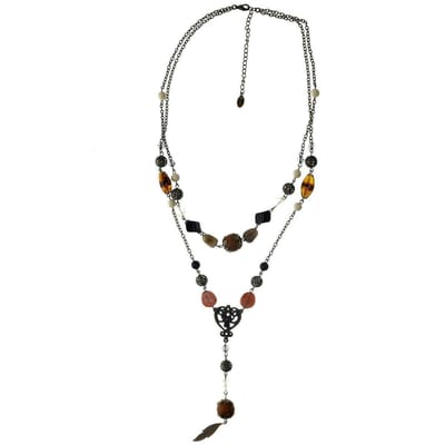 Behave® Ketting goudkleur twee lagen met bruine kralen en hanger – 53 cm mode-accessoire
