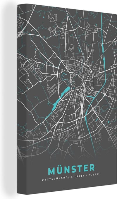 Canvas Schilderij Duitsland – Blauw – Münster – Stadskaart – Kaart – Plattegrond - 20x30 cm - Wanddecoratie