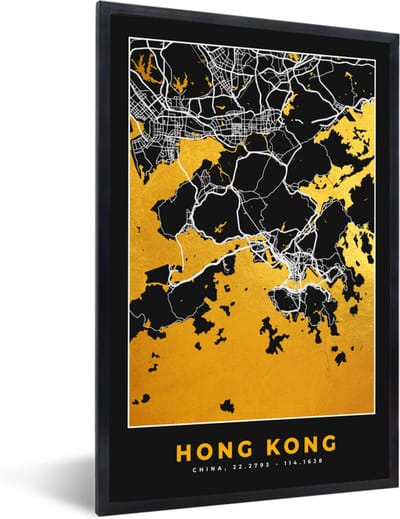 Fotolijst incl. Poster - Hong Kong - Stadskaart - Goud - Plattegrond - Kaart - 40x60 cm - Posterlijst