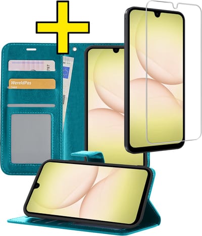 Hoesje - Met Screenprotector - Geschikt voor Samsung Galaxy A17 - Luxe Pasjeshouder - Bookcase Portemonee - Flip Case - Kunstleer Book Case - Flipcase - Book Cover - Walletcase - Portemonneehoes - Telefoonhoesjes - Turquoise