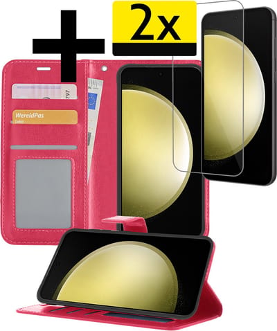 Hoesje - Met 2x Screenprotector - Geschikt voor Samsung Galaxy S23 FE - Luxe Pasjeshouder - Bookcase Portemonee - Flip Case - Kunstleer Book Case - Flipcase Hoes - Book Cover - Walletcase - Portemonneehoes - Telefoonhoesjes - Donkerroze