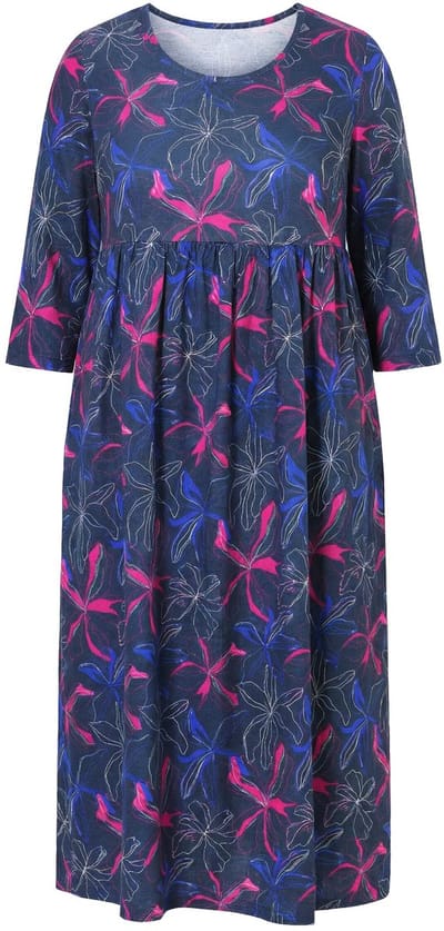 Ulla Popken - Dames - Jersey jurk A-lijn ronde hals 3/4-mouwen zakken - Marine - Maat 54+