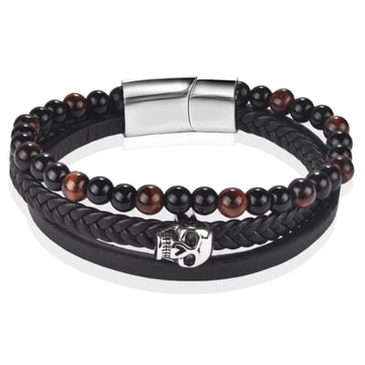 Heren armband Memphis Tijgeroog Skull Gevlochten Leer Zwart Bruin-20.5cm