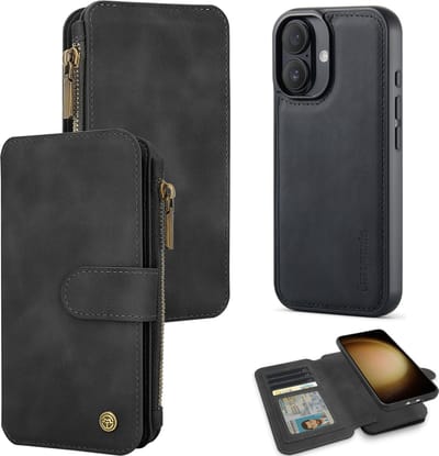 Casemania Hoesje Geschikt voor Apple iPhone 16 - Charcoal Gray - 2 in 1 Magnetic Book Case met Rits