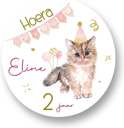 20x Traktatie Stickers Met Naam en Leeftijd - Kitty - Gepersonaliseerd - Poesje - Poes - Sluitstickers - Kinderfeest Traktatie - Uitdelen - Uitdeeltraktatie - Wensetiket - Rond - 40mm - Glossy sticker - Uitdeeltraktatie - Kinderfeest