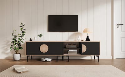 REDOM TV-meubel 180x35x49 cm van spaanplaat, naturel en zwart, 2 open vakken en 3 deuren met poten