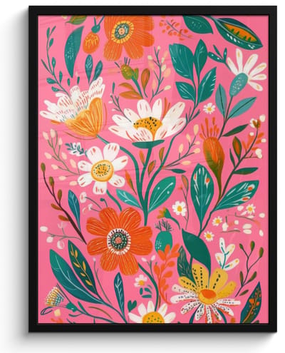 Poster in lijst - Fotolijst 50x70 cm - Posters - Roze - Bloemen - Wit - Oranje - Posterlijst zwart - Decoratie - Wanddecoratie woonkamer - Muurdecoratie slaapkamer
