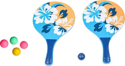 Summertime strand Beachball set - hout - blauw - strand sport speelset - met 5x balletjes - speelgoed
