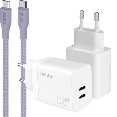 Phreeze usb C snellader 45w met usb C naar usb C kabel paars 1m - Dubbele usb C oplader - Fast charger