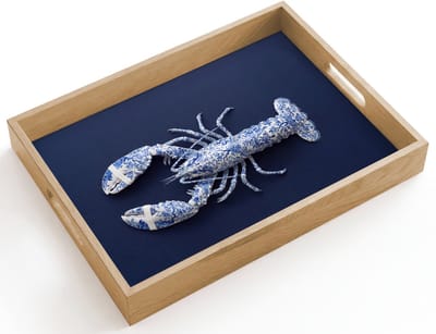 Dienblad hout 40x30 cm - Schootdienblad - Kreeft - Porselein - Delfts - Blauw - Borrelplank rechthoek - Plateau dienbladen