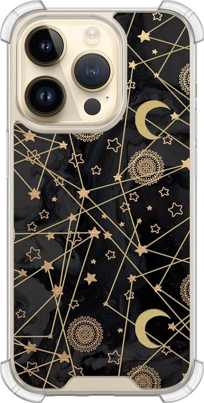 Shockproof hoesje - Geschikt voor iPhone 14 Pro - Sun, moon & stars - Extra sterke case - TPU/polycarbonaat - Sterren - Goud, Transparant