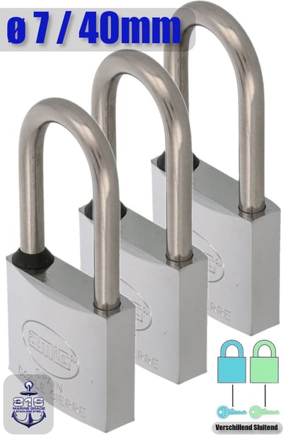 AMIG Hangslot RVS 316 Ø7/40mm Hoge Beugel Met Sleutel Buiten - Marine - 3 Stuks