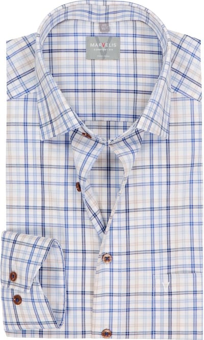 MARVELIS comfort fit overhemd - popeline - wit met blauw en beige geruit - Strijkvrij - Boordmaat: 41 (EU maat: L)