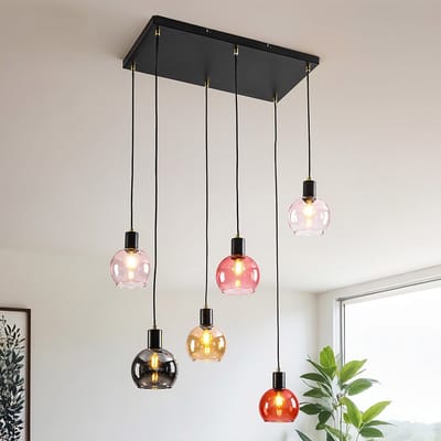 LumenXL 6-lichts hanglamp zwart - smoke, amber - roze glas - Minot