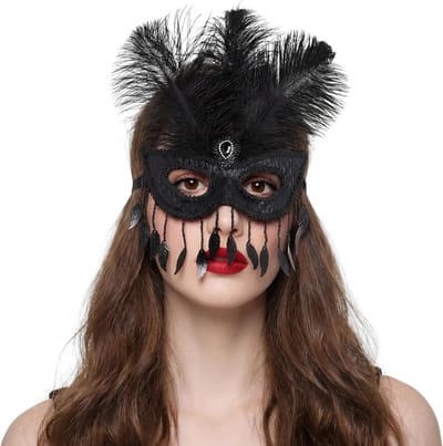 Maskerade masker met veren voor vrouwen, afneembaar veren, handgemaakt kostuummasker voor feestoptredens, fotografie