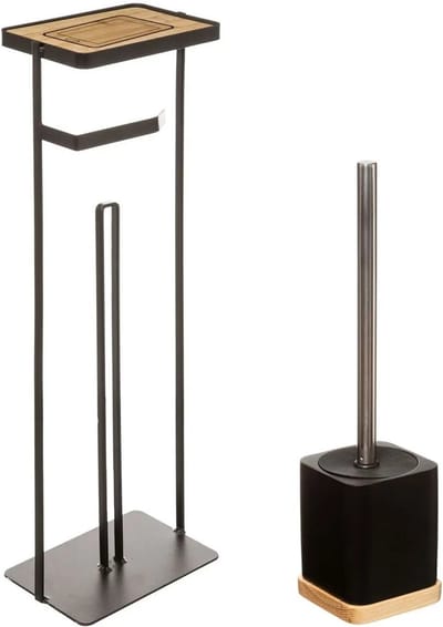 5Five - WC-borstel/Toiletborstel met toiletrolhouder set - zwart/hout