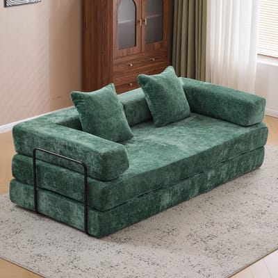 Multifunctionele Chenille Slaapbank – Slaapbank met Vast Frame – Opvouwbaar, Met 2 Kussens en Armleuningen – Comfortabel 4-in-1 Ontwerp – Voor 2 Personen – Bank, Lounger, Logeerbed – Geschikt voor Appartementen of Kleine Ruimtes - Donkergroen