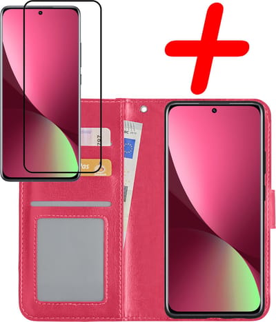 Hoesje Met Screenprotector - Geschikt voor Xiaomi 12X - Luxe Pasjeshouder - Bookcase Portemonee - Flip Case - Kunstleer Book Case - Flipcase - Book Cover - Walletcase - Portemonneehoes - Donkerroze