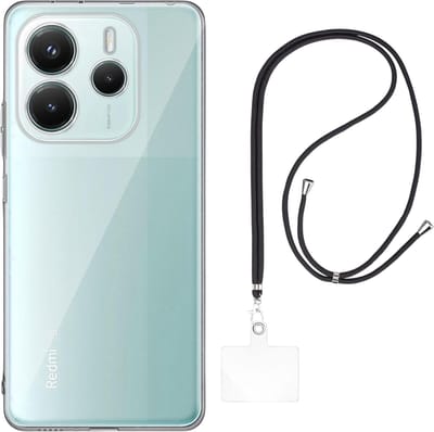 Set met hoesje en nekband voor xiaomi redmi note 14 5g - Flexibele, transparante TPU-bescherming, verstelbare universele nekband voor mobiele telefoons, zwarte nekband, transparante draagriem van Phonillico®