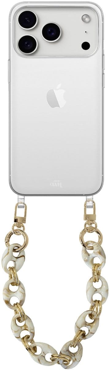 xoxo Wildhearts siliconen hoesje - Geschikt voor iPhone 17 Pro Max - Marble Creme - Kort Koord - Telefoonhoesje - Hoesje met koord - telefoonkoord - Transparant hoesje - Kort marmerprint beige koord