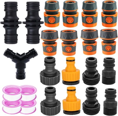 Kunststof slangaansluitingen set van 19 stuks, 1/2 inch en 3/4 inch, inclusief Y-splitter en dubbele stekkers voor tuinonderhoud en irrigatie