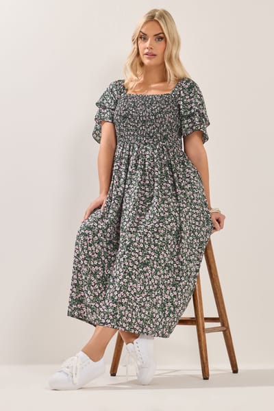 Yours Roze Maxijurk Met Bloemenprint En Smokwerk Size 42