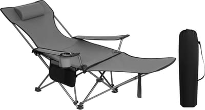 BukkitBow - Luxe Uitgebreide Visstoel / Campingstoel - met Bekerhouder en Voetensteun - met Opbergvak en Hoge Belastbaarheid - Inklapbaar en met Reistas - Grijs