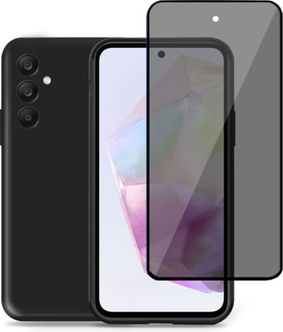 Hoesje + Privé Screenprotector geschikt voor Samsung Galaxy A35 – Privacy Tempered Glass - Back Case Cover Zwart