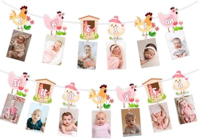 Dailygoods- Verjaardagsfeestje Decoratie - Fotobanner Kippenthema - Boerderij Dieren - 1e Verjaardag - 13 Stuks - Schattig Ontwerp - Feestdecoratie