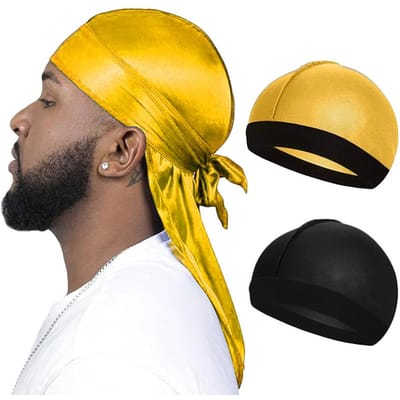 3 STUKS/LOT Lange Zijdeachtige Durag Lange Staart Zijdeachtige Sjaal Moslim Doo Rag Piratenhoed Durag Chemo Tulband Pullover Muts Haarband Bandana's One Size yellow