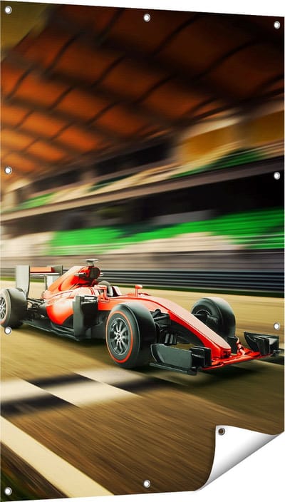 Gards Tuinposter Formule 1 Auto bij de Finish in het Rood - 80x120 cm - Tuindoek - Tuindecoratie - Wanddecoratie buiten - Tuinschilderij