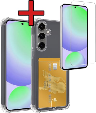Hoesje - Geschikt voor Samsung Galaxy S24 FE - Met Screenprotector - Pashouder - Kaarthouder - Back Cover - Telefoon Hoes Shockproof - Siliconen Case - Shock Proof - Pasjes Houder - Telefoonhoes - Transparant