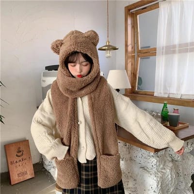 Winter Sjaal Dames Warme Sjaals Berenoor Schattige Muts met Capuchon Zakken Handschoenen Sjaals Alles in één Zachte Sjaals Dames Mode Bont Warme Winter Sjaal one size bruin