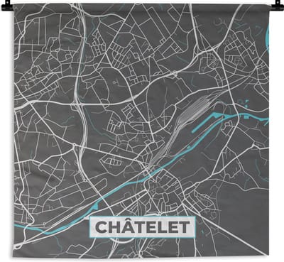 Wandkleed - Wanddoek - Kaart – Plattegrond – Stadskaart – Châtelet – België - Grijs - 180x180 cm - Wandtapijt