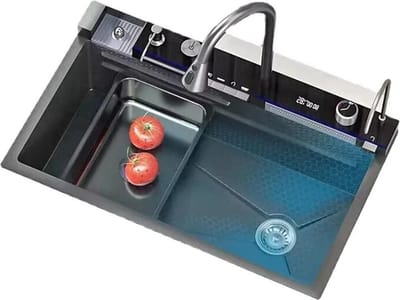 WNHB® Luxe Spoelbak Zwart - 75x46 cm - Inclusief Afdruiprek en Snijplank - High Pressure Cupwasher - Multifunctioneel Keukenspoelbak met Digitaal Display