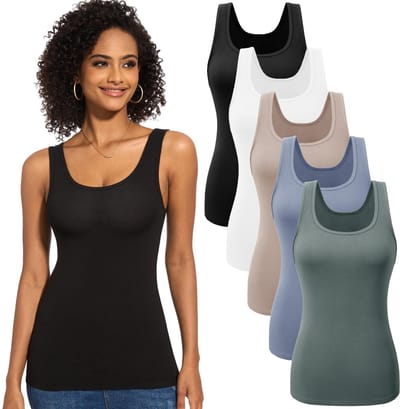 Set van 3 of 5 onderhemden voor dames, basic tanktop met U-hals, mouwloos, elastisch, slimfit, bovenstuk, effen, voor vrouwen en meisjes