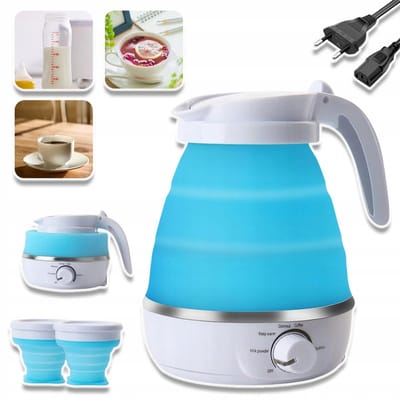 Opvouwbare Siliconen Waterkoker Van 600 ml - 5 Temperatuurstanden Droogkookbeveiliging - Basis Van 304 Roestvrij Staal BPA-Vrij - Draagbaar Met Twee Kopjes - Voor Op Reis, Kamperen En Wandelen - Blauw