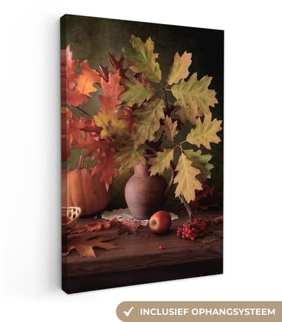 Canvas schilderij 20x30 cm - Wanddecoratie Stilleven - Pompoen - Bladeren - Appel - Kersen - Herfst - Muurdecoratie woonkamer - Slaapkamer decoratie - Kamer accessoires - Schilderijen op canvas