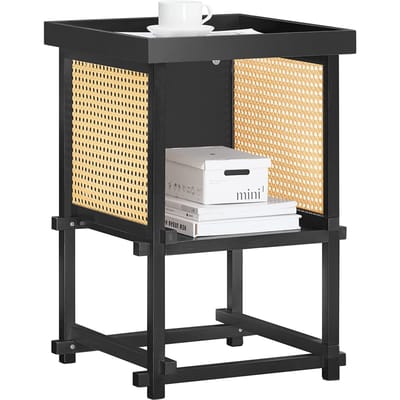 SoBuy bijzettafel HFBT03-SCH - 40×40×60 cm - zwart–geel - bamboe frame & open opbergvak