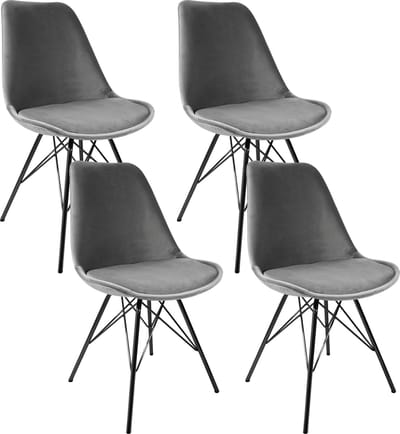 KICK® VELVET Kuipstoelen Grijs – Set van 4 – Eetkamerstoelen – Velvet – Zwart Frame