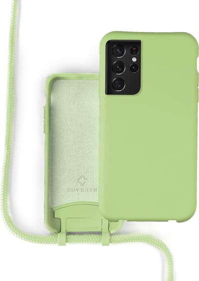 Coverzs Silicone case met koord - Telefoonhoesje met koord - Backcover hoesje met koord - touwtje - geschikt voor Samsung Galaxy S21 Ultra - lichtgroen