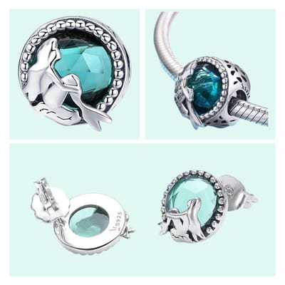 Fler® | Dames Sieraden Geschenkset Zeemeermin | Bedel voor bedelarmabnden (Standaard 3mm) en halskettingen & Oorbellen met Oceaanblauwe Kristal | Valentijnsdag Cadeau | Sinterklaas kado | Kerstcadeau | Verjaardagsgeschenk | Vriendschap