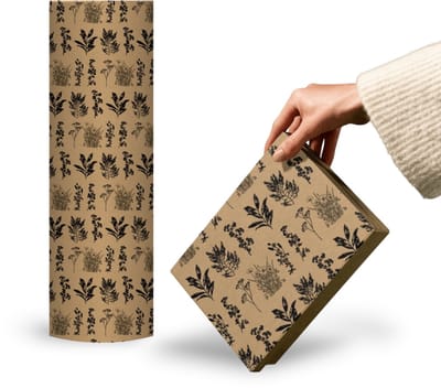 Papierrol Cadeaupapier – Kraft Herbarium Plant – Zwart – 50cm x 150m – Bruin Kraftpapier met Zwart Botanisch Motief – Duurzaam & Recyclebaar – Inpakpapier voor Cadeaus, Bloemen & Winkels