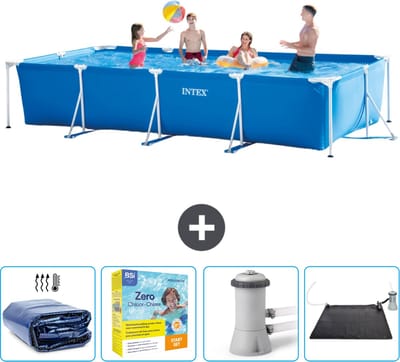 Intex Rechthoekig Frame Zwembad - 450 x 220 x 84 cm - Blauw - Inclusief Solarzeil - Onderhoudspakket - Zwembadfilterpomp - Solar Mat