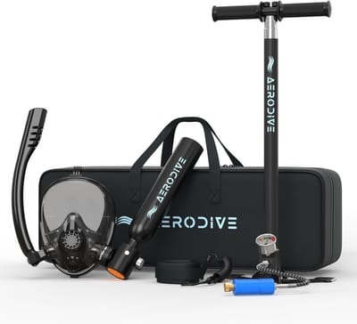 AeroDive Mini Duikfles - T500 + 3e Gen. Handpomp + Masker V2 (Incl. opbergtas) - Hervulbaar - Mini duikfles - Mini scuba tank - Duiktank - Snorkelmasker - Duikfles pomp - 10-12 min. Gebruiksduur - EU Gecertificeerd
