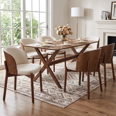 Eetkamerstoelen - Set van 6 - Massief houten eetkamerstoel - Moderne stoel - Linnen stoel - Comfortabele stoel - Ademend zitmeubel - Woonkamerstoel - Keukenstoel - Café stoel - Houten stoel - Scandinavische stijl - Walnootkleur