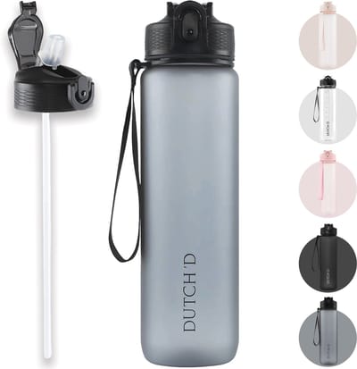 Dutch'D ® - 1 liter Drinkfles - Drinkfles met rietje - Waterfles - Grijs - Drinkfles Volwassenen - Lek Vrij - Cadeau voor haar/hem - Verschillende Drinkflessen en waterflessen - Drinkbeker - Sportfles - Drinkbus