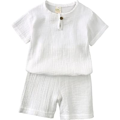 Vêtements pour enfants en coton et lin Tenue pour filles Ensemble d'été pour garçons Hauts à manches courtes et shorts de couleur unie Vêtements pour enfants 2-7 ans 3T blanc